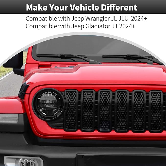 CheroCar for JL Mesh Front Grille Insert & Headlight Turn Light Cover Trim Exterior Accessories for Jeep Wrangler JL 2024+