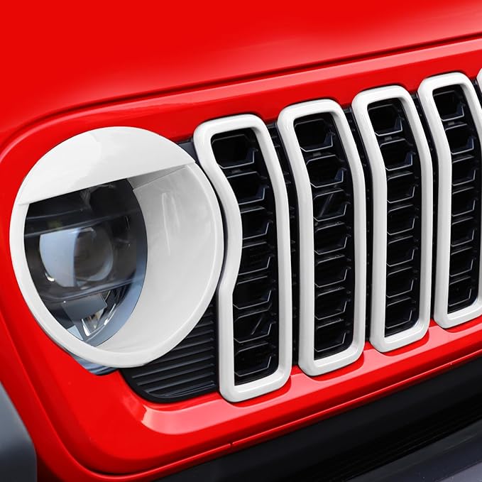Front Grill Insert+ Headlight Bezels Cover Kit Compatible with 2024-2025+ Jeep Wrangler JL JLU & Gladiator JT, Not Fit for JL Sport & Sports(Wihte,Style A)