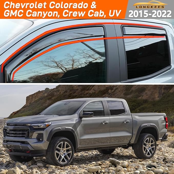 in-Channel Window Visors Rain Guards FIT Trucks Chevrolet (Chevy) Colorado/GMC Canyon 2015-2022 Crew Cab (2015-2022) – 4-Piece in-Channel Dark-Smoke Polycarbonate Vent Deflectors
