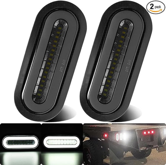 2Pcs 6" inch Smoked Lens Oval White 52 LEDs Trailer Boat Halo Reverse Back up Tail Lights【Patented】 w/Rubber Grommet, Sealed Submersible IP67 for Truck/RV/Van, DC 12V