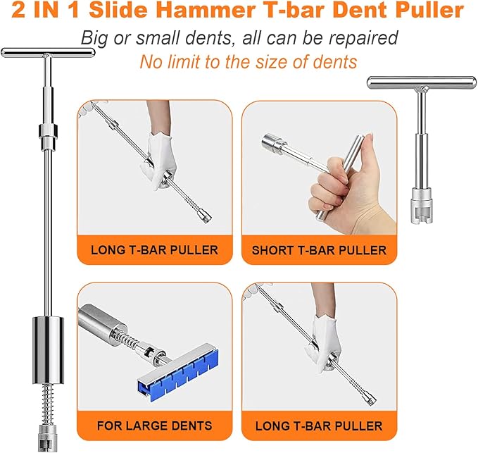 97pcs Dent Puller Kit, Paintless Dent Removal Kit for Dent Removal, Car Dent Puller with Golden Lifter, Bridge Puller, Slide Hammer T-Bar, Dent Remover Tool for Car Refrigerator Door Ding Repair