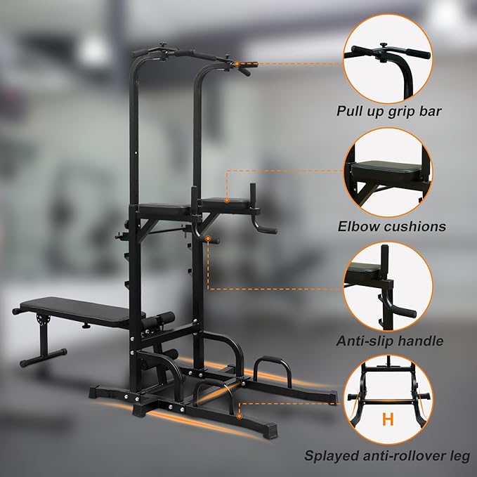 Pull Up Bar Station Adjustable Power Tower for Home Gym Strength Training Dip Stands with Bench