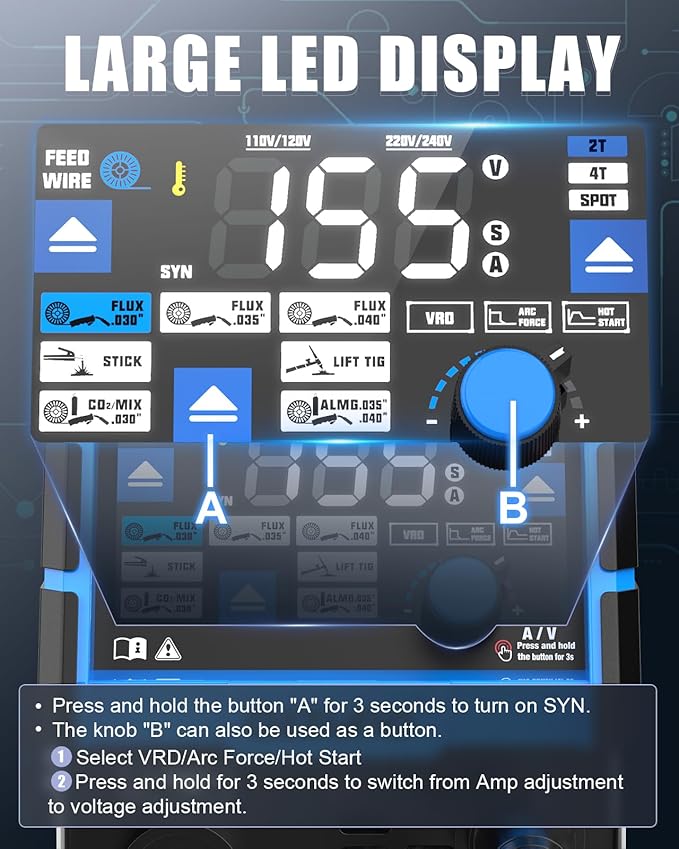 AZZUNO Aluminum MIG Welder 155A, 110V/220V Dual Vlotage 5 in 1 Gas MAG/Aluminum MIG/Gasless Flux Core MIG Welder/Stick/Lift TIG Welding Machine, Multiprocess Wire Feed Welder Machine
