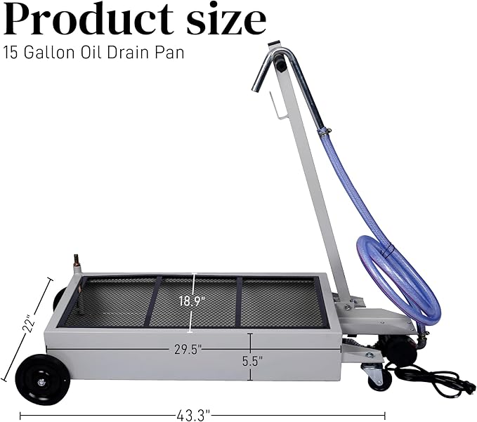 15 Gallon Oil Drain Pan with Electric Pump, Low-Profile Oil Pans for Changing Oil, T-Handle and J-Hook Makes Drain Easier, Gray