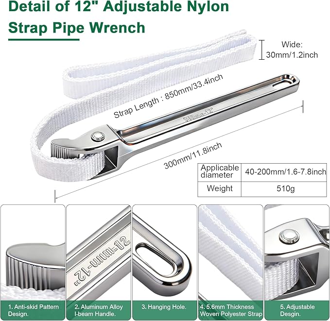 2Piece Wrench Set:12" Aluminum Nylon Strap Wrench&6" Multi-Purpose Rubber Strap Wrench Plumbing,Non-Slip, Non-Marring Grip,Complete DIY Automotive Tool Kit for Oil Filter & Household