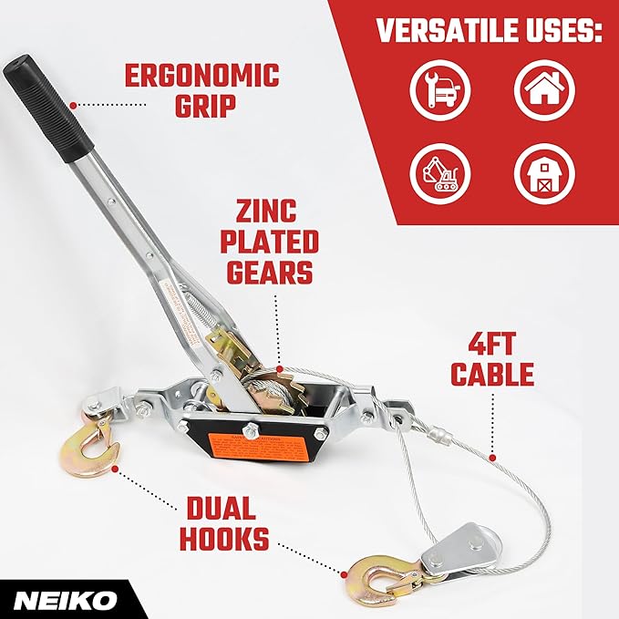 NEIKO 02251A Come Along Winch, 1-Ton (2,000 lbs) Pulling Capacity, 5.9Ft, 2 hook, Heavy Duty Power Cable Come Along Tool with Dual Gears, Hand Winch Cable, Automotive Hoist Winch Puller, Recovery Gear