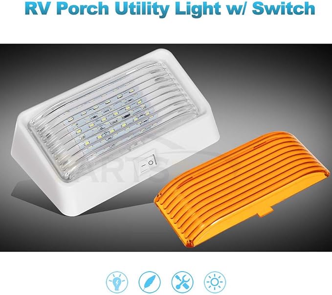 Partsam Rectangle LED Porch Light with On/Off Switch, RV Exterior Utility Light Fixture Cover Replacement for Motorhome Campers, 12V, 5th Wheels, Clear and Amber Lenses Removable