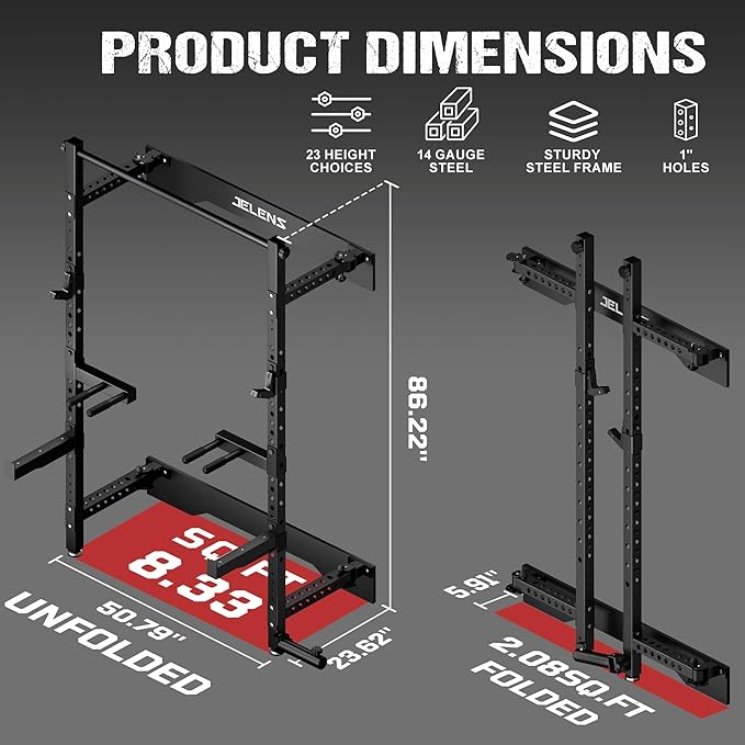 Folding Squat Rack, Wall Mounted Power Rack for Home Gym, Space Saving Multi-Functional Power Cage with Attachments