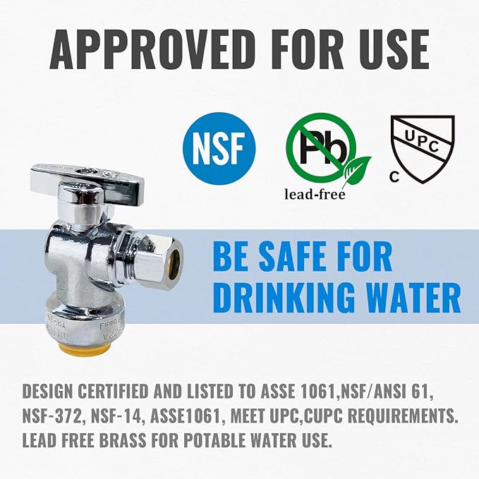 10-Pack 1/2 Inch Shut Off Valve, SUNGATOR Pushfit 1/2 x 3/8 Inch Angle Stop Valve, No Lead Brass Faucet Shutoff, Push-to-connect Plumbing Fittings for Pex Pipe, Copper, CPVC, with 1 Disconnect Tool