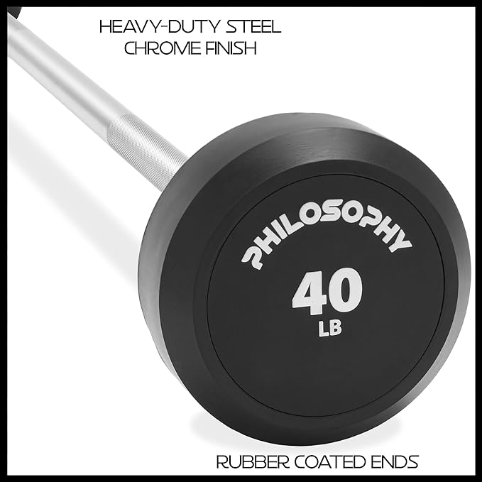 Philosophy Gym Rubber Fixed Barbell, Pre-Loaded Weight Straight Bar for Strength Training & Weightlifting