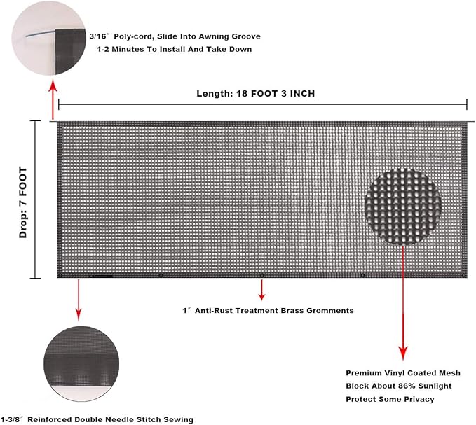 Tentproinc RV Awning Sun Shade Screen 7' X 18' 3'' (Fit for 19' Awning) Mesh Screen Sunshade for RV Awning Sunscreen Motorhome Camping Trailer Awning Screenshade SunBlocker - 3 Year Warranty (Brown)