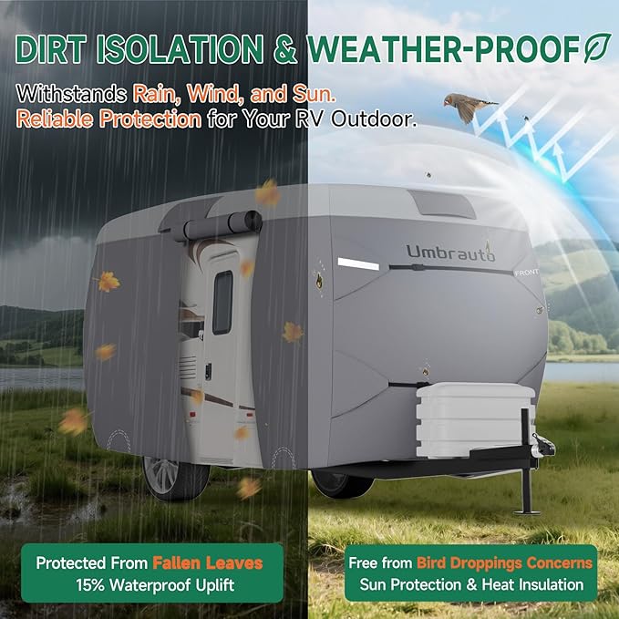 Umbrauto Fiberglass Travel Trailer Cover Fits 8'-10' Trailers, 2023 Upgraded 7 Layers Top Camper RV Cover with Windproof Strap,Adhesive Repair Patches