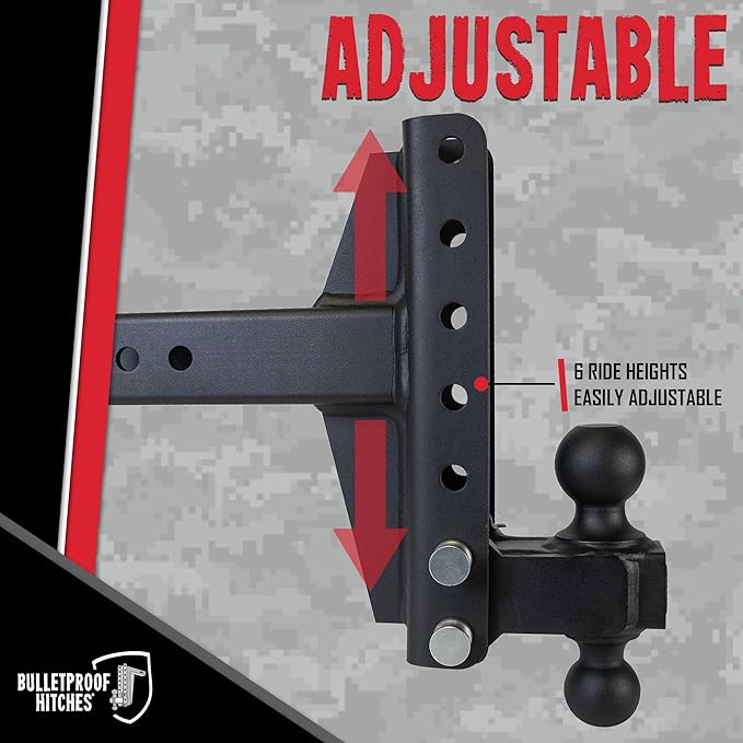 BulletProof Hitches - 2.5" Adjustable Medium Duty Trailer Hitch (14,000 lb. Rating) - Offset 4" and 6" Drop/Rise Trailer Hitch with 2" & 2-5/16" Dual Ball - Powder Coat, Box Steel, Corrosion-Resistant