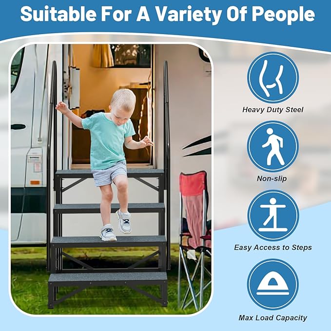 Rv Steps with Handrail 4 Step,Hot Tub Steps with Anti-Slip Mats,Heavy Duty Metal Mobile Home Stairs,Camper Steps for Travel Trailer,Portable Step Ladder for Spa,Pool and Porch
