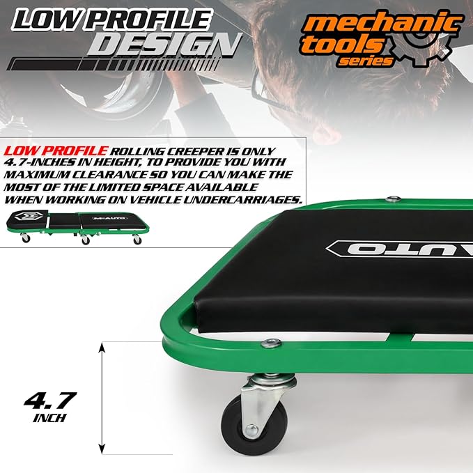 M-AUTO Foldable Z Creeper 2-in-1 Rolling Folding Car Creeper & Seat, 36" Adjustable Roller Garage Chair Lay Down or Sit, 330LBS Capacity Under Car Roller Creeper with 6 Swivel Casters, Green