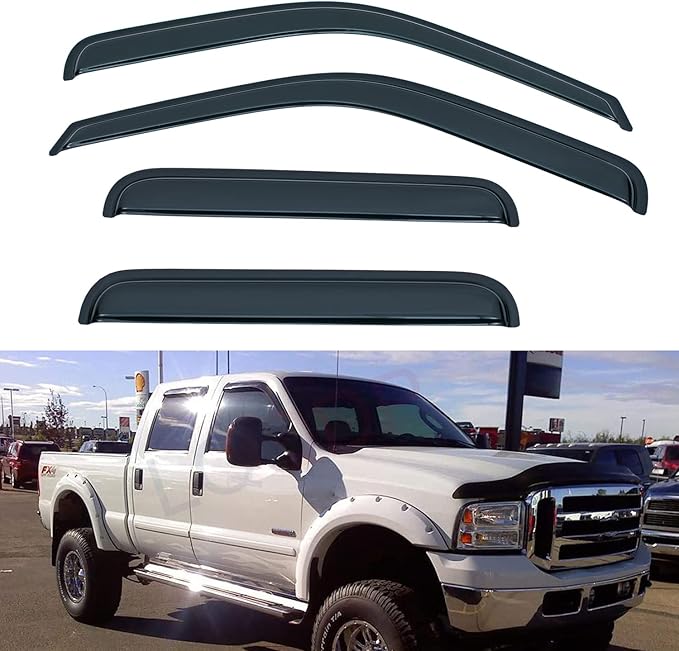 Set of 4 Front+Rear Smoke Sun/Rain Guard Wind Deflector Outside Mount Tape-On Acrylic Window Visors Compatible With 99-16 F250/F350/F450/F550 Super Duty Supercrew/Crew Cab With 4 Full Size Doors
