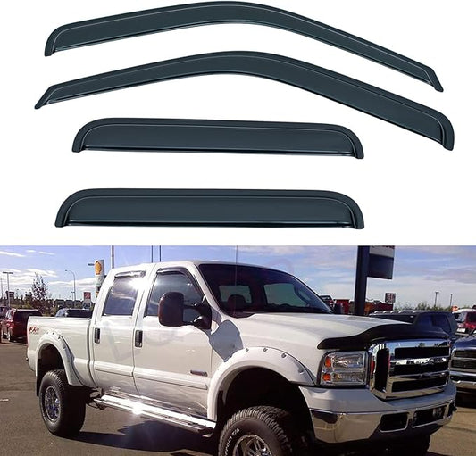Set of 4 Front+Rear Smoke Sun/Rain Guard Wind Deflector Outside Mount Tape-On Acrylic Window Visors Compatible With 99-16 F250/F350/F450/F550 Super Duty Supercrew/Crew Cab With 4 Full Size Doors