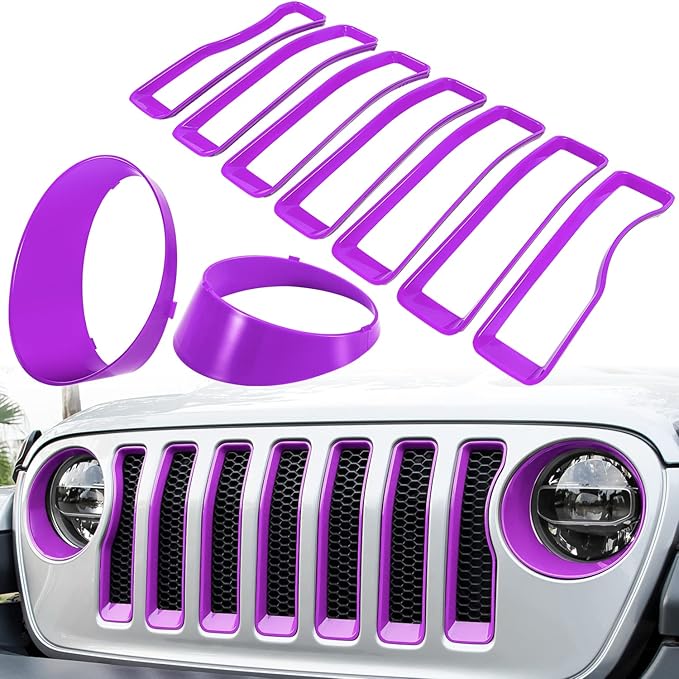 Front Grille Mesh Inserts & Headlight Cover for Jeep Wrangler JL JLU Sport & Sport S Only 2018-2023 Exterior Accessories Clip-in Grille Guard Cover Headlight Bezels Trim Ring (Purple 9PCS)
