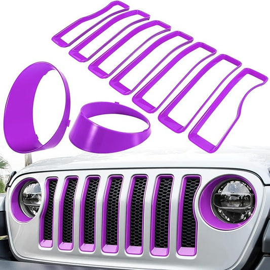 Front Grille Mesh Inserts & Headlight Cover for Jeep Wrangler JL JLU Sport & Sport S Only 2018-2023 Exterior Accessories Clip-in Grille Guard Cover Headlight Bezels Trim Ring (Purple 9PCS)