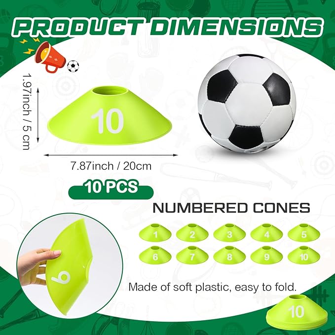 10 Pcs Numbered Sports Disc Cones 1-10 Soccer Cones with Mesh Carry Bag Flexible Agility Cones Soft Field Cones for Gym PE Classes School Activities Games, Sports Training Equipment