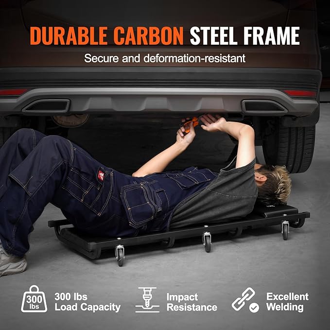 VEVOR Mechanic Garage Creeper, 40-Inch, 300 lbs Capacity Automotive Rolling Creeper with 6 Casters Adjustable Cushioned Headrest, Heavy Duty Steel Frame Low Profile for Garages, Repair Shops, and DIY