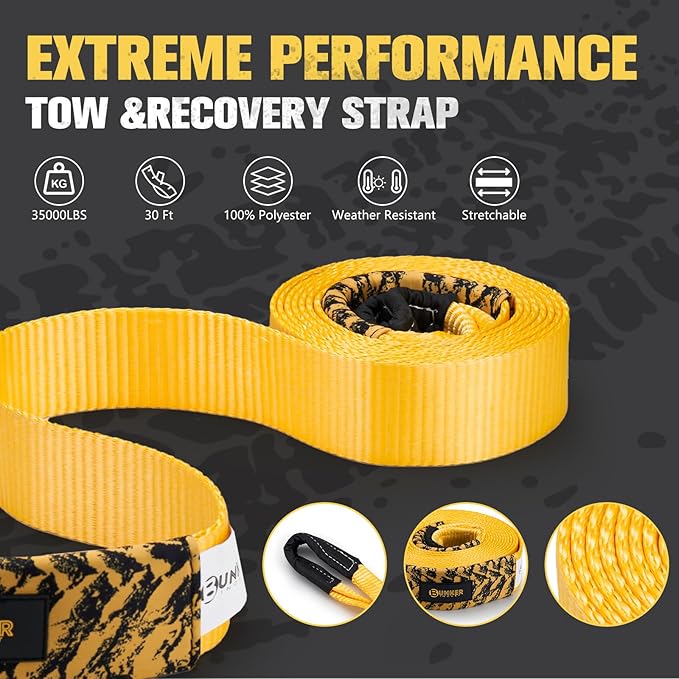 BUNKER INDUST Heavy Duty Tow Strap Recovery Kit, 3" x 30ft Recovery Straps + Pair 3/4 D Ring Shackles + Bag 35,000 lbs Tree Saver Winch Strap - Emergency Vehicle Off Road Towing Rope