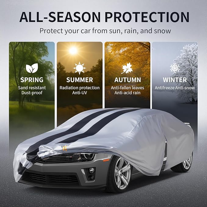 10 Layers Sedan Car Cover Custom Fit for Chevy Camaro(2009-2025), 100% Waterproof All Weather for Automobiles, Gift with Towel, Heavy Duty Car Covers for Rain Sun UV Protection with Door Zipper.