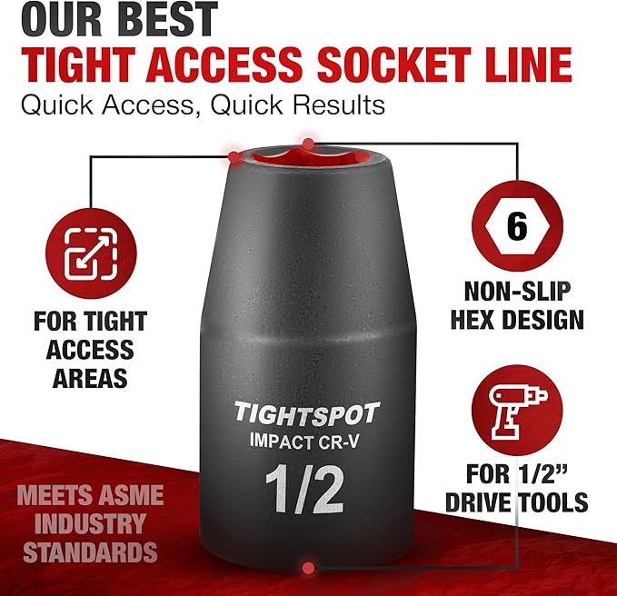 TIGHTSPOT 1/2 Inch Drive - 1/2 Inch Shallow Impact Socket with Anti-Rounding 6 Point Design, Heat-Treated CRV Steel
