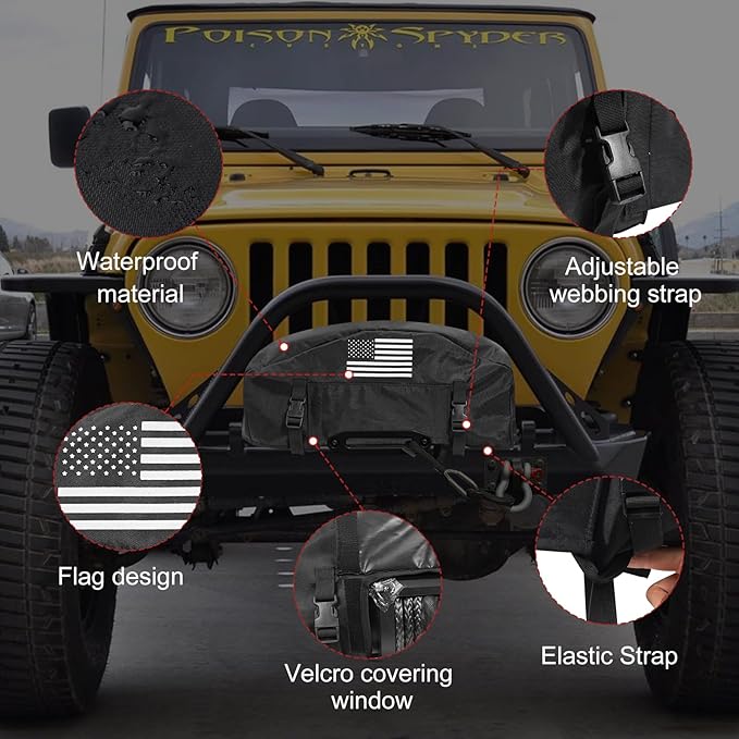 GEVINFA Winch Cover, 2025 Latest Flag Waterproof Dust-Proof Winch Protective Cover, Indoor & Outdoor Winch Accessories for 8000-13500 lbs Electric Winches With Adjustable UV Resistant Cover