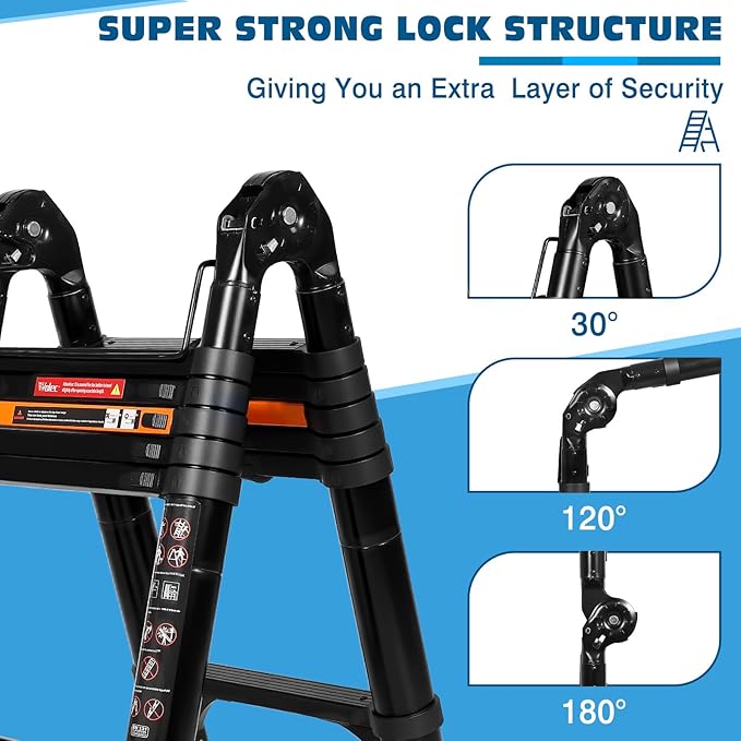 12.5 FT A Frame Telescoping Ladder, Extension Multi-Purpose w/Balance Bar & Wheels, Ladder A Frame, Heavy Duty 330 lbs Max Capacity, Ideal for Home and Outdoor Work, Black