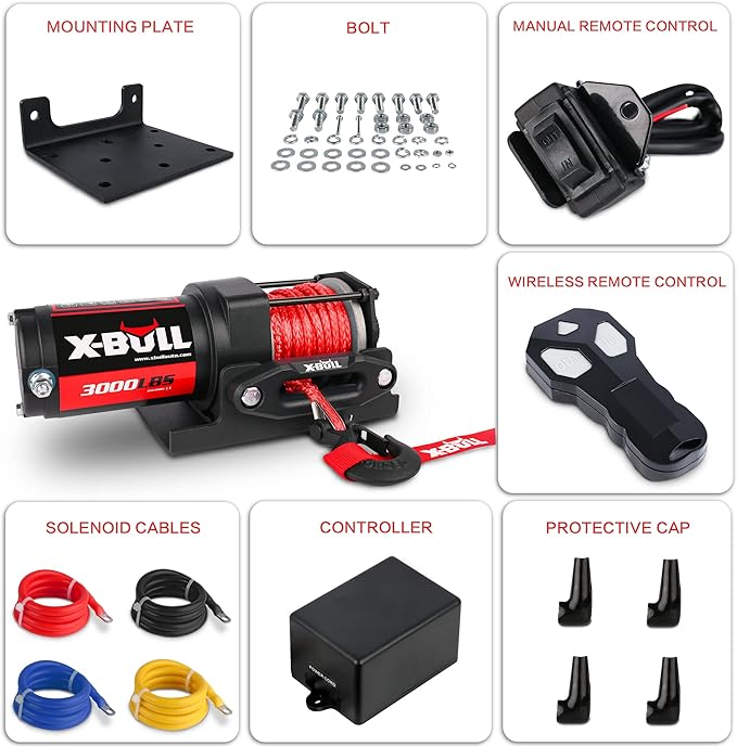 X-BULL 12V 3000LBS Electric Winch Synthetic Rope Electric Winch for Towing ATV/UTV Off Road with Mounting Bracket Wireless Remote New