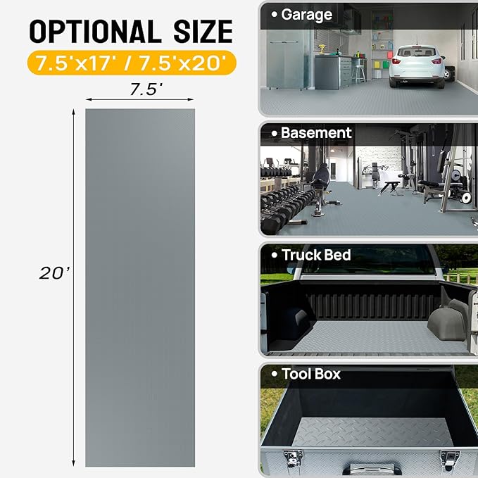 TUFFIOM 7.5 x 20 FT Garage Floor Mat, Thickened Diamond Plate PVC Garage Mats Flooring Roll for Under Car, Garage Parking Mats for Floor Large SUVs, MPV, Pickup Truck