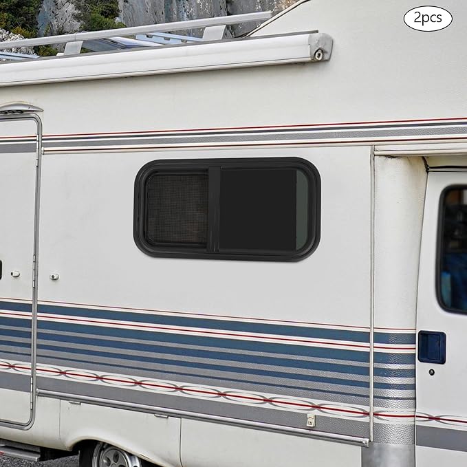 2PCs RV Window, Teardrop Horizontal Slide Black RV Window, Vertical Sliding RV Window 12" W x 24" H Horizontal Sliding Window Camper Trailer Window Horizontal Sliding Replacement Glass W/Trim Ring