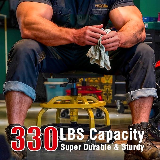 Rolling Shop Stool with Wheels, Garage Work Mechanic Stool with Backrest, Roller Mechanic Chair, Adjustable Height, 360° Swivel, Tool Tray Storage, 330 LBS Capacity, Heavy Duty, Yellow