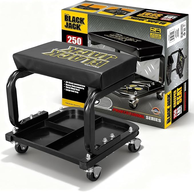 Torin 250lb Rolling Automotive Creeper Garage/Shop Seat: Padded Mechanic Stool with Tool Large Tray Suitable for garages, Repair Shops,Black