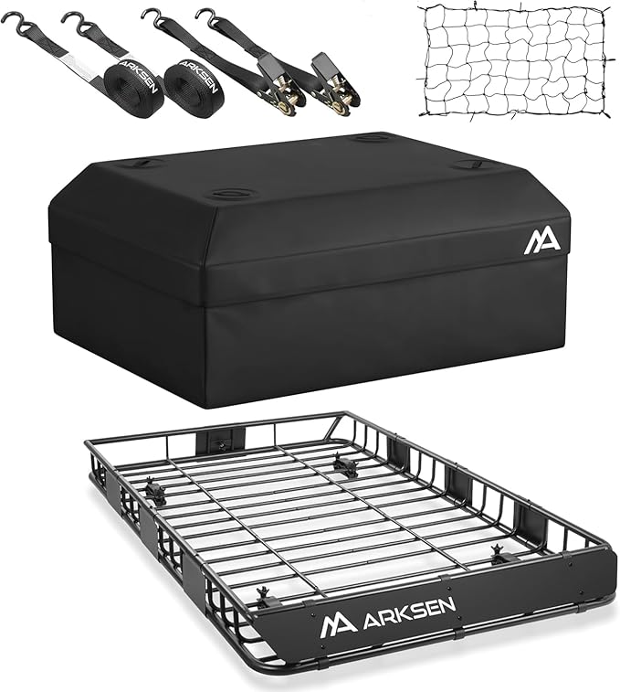 ARKSEN 64 x 39 x 5 Inch Universal Roof Rack with Waterproof Bag, Cargo Net & 2 Ratchet Straps - Upgrade 150Lbs Capacity Heavy Duty Rooftop Cargo Carrier with Extension for Car, SUV & Pickup