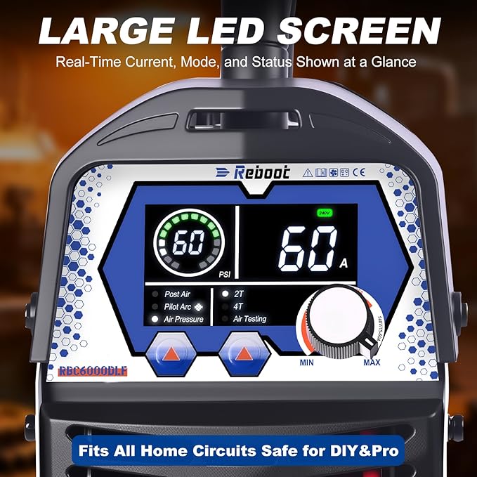 Reboot Plasma Cutter Non-High Frequency Non-Touch Pilot Arc, 120V/240V Dual Voltage, 1 Inch Max Cut 5/8 Inch Clean Cut, Mesh Cutting, 2T/4T, Large LED Display for Beginners DIY