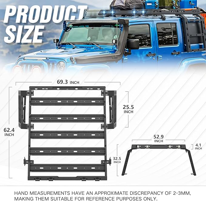 for JK JKU Hard Top Roof Rack Cargo Basket with Ladder & LED Light Bars Compatible with 2007-2018 Jeep Wrangler JK JKU 4 Door Hardtop, Cargo Carrier Rooftop Luggage Storage Holder
