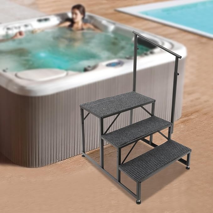 RV Steps with Single Sided Handrail, 3 Steps Mobile Home Ladder W/Anti-Slip Mats - Portable Stairs for RV, Hot Tub, Outdoor Spa