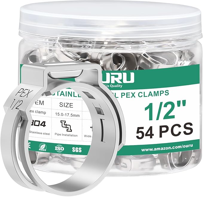 54PCS 1/2 Pex Crimp Ring,304 Stainless Steel Pex Cinch Clamps,Single Ear Hose Clamps for Pex Fittings Pipe Tubing