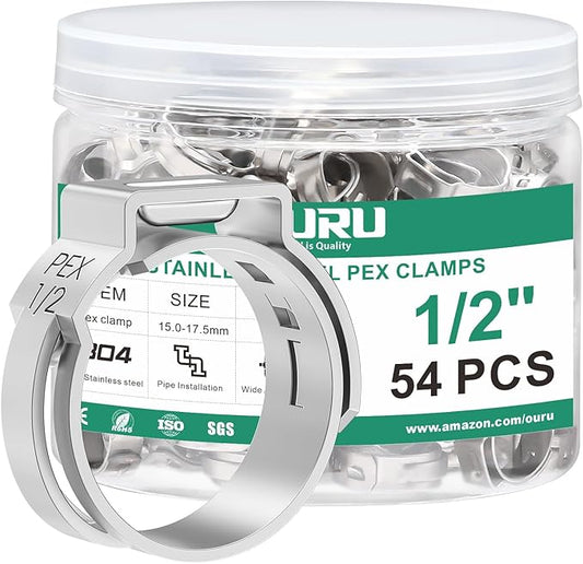 54PCS 1/2 Pex Crimp Ring,304 Stainless Steel Pex Cinch Clamps,Single Ear Hose Clamps for Pex Fittings Pipe Tubing