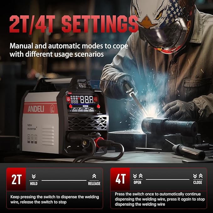 ANDELI 135A MIG Welder,110V/220V [Large LED Display] 3-in-1 Welder Flux Core MIG/Lift Tig/Stick Multiprocess Gasless MIG Welding Machine with Synergy，2T/4T Full Kit (Bonus Welding Helmet & Gloves)