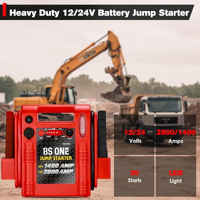 24V / 12V Jump Starter, Heavy Duty 1200/2400 Peak Amp Sealed Lead Acid Battery Jump Starter for Car Truck Tractor Excavator, Jump Box Power Pack with USB/DC Output and LED Light
