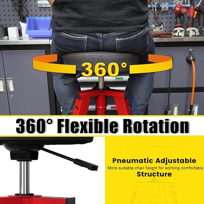 Adjustable Tall Shop Stool, Mechanic Garage Bar Stool Chair, Work Metal Chair for Workshop,360° Swivel Padded Seat, Tool Tray Storage, 350 LBS Capacity, Heavy Duty, Red
