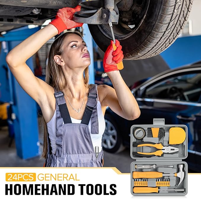24 Piece Small Tool Kit for Men and Women, Mini Hand Tool Set with Storage Box for Home, DIY, Office, Garage(Yellow)