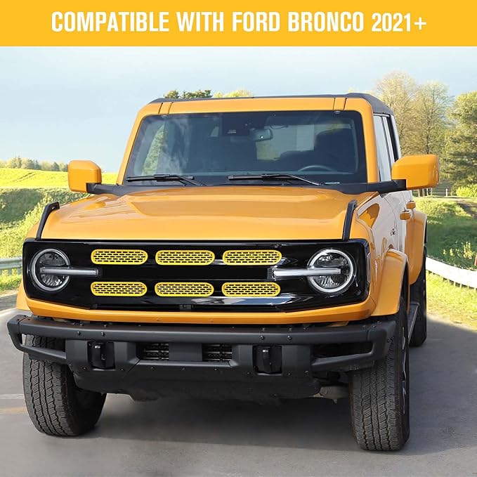 Jimen Compatible with Ford Bronco 2021-2023, 6PCS Front Grille Inserts Mesh Grill Cover Exterior Trim Accessories (Yellow)