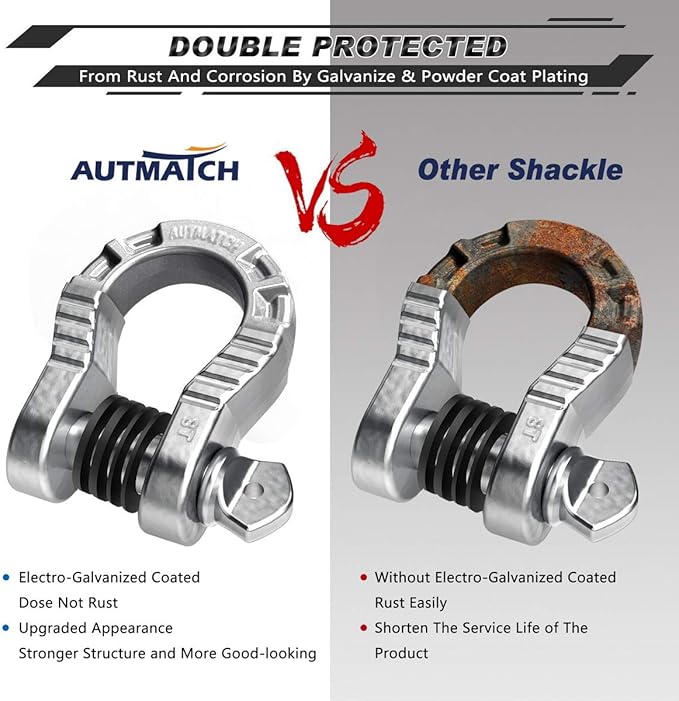 AUTMATCH D Ring Shackles 3/4" Mega Shackle (2 Pack) 68,000Ibs Break Strength - Heavy Duty Clevis Shackles with 7/8" Screw Pin and Isolator Washer for Tow Strap Winch Off Road Vehicle Recovery, Silver