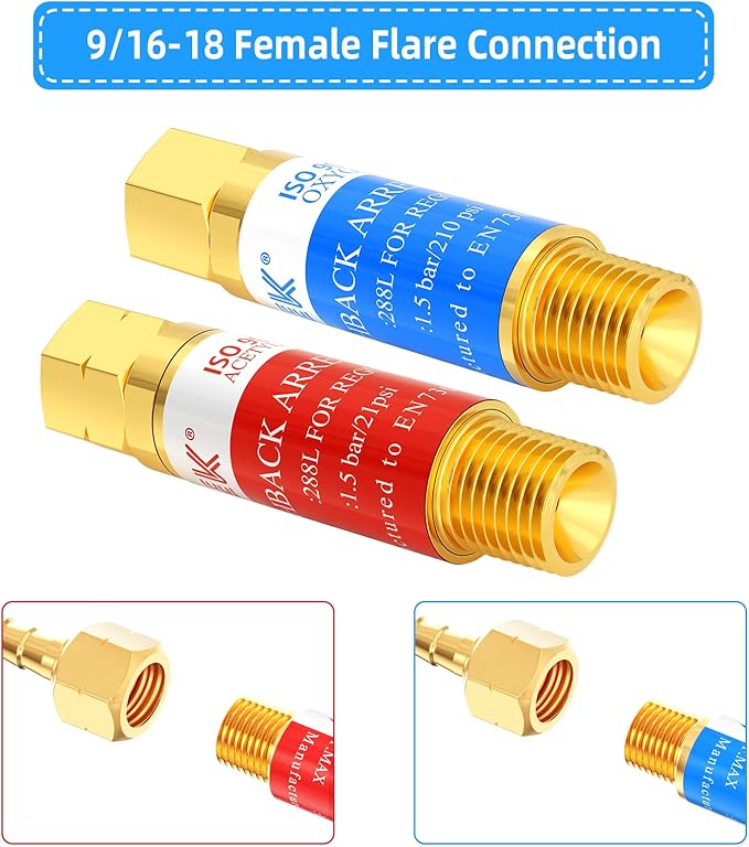 AGPTEK Oxygen Acetylene Flashback Arrestors Set Regulator End 9/16-18 Threads B Size