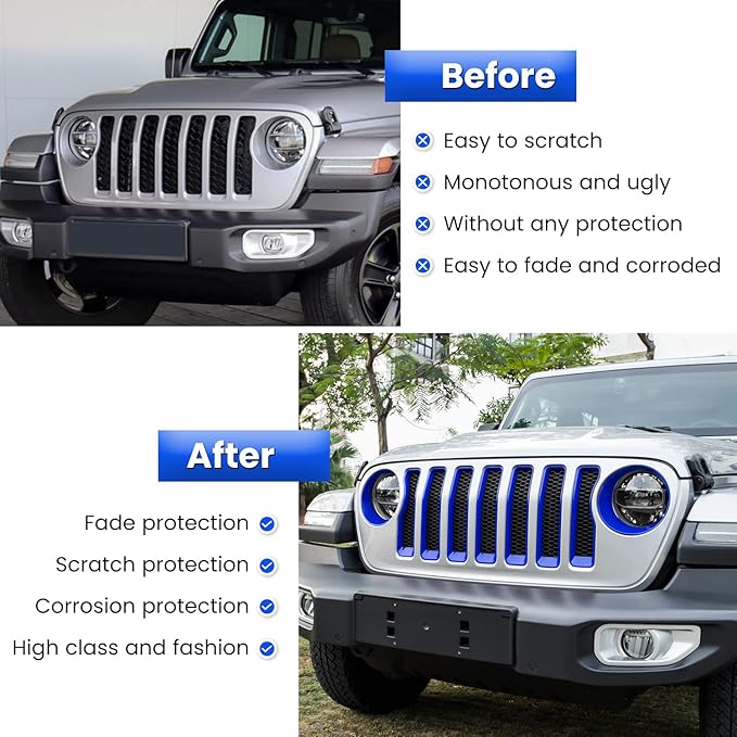 Front Grille Mesh Inserts & Headlight Cover for Jeep Wrangler JL JLU Sport & Sport S Only 2018-2023 Exterior Accessories Clip-in Grille Guard Cover Headlight Bezels Trim Ring (Blue 9PCS)