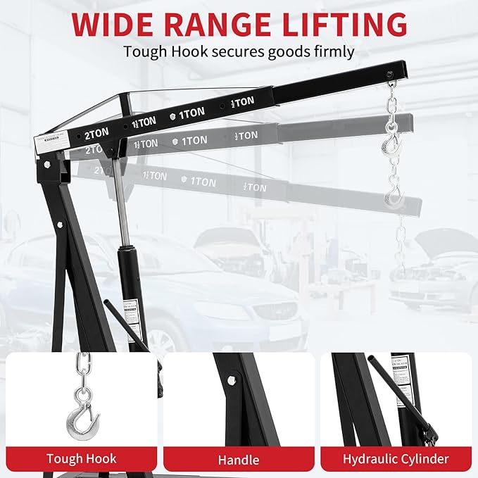 2-Ton Folding Engine Hoist Cherry Picker 4400 Lb Capacity Hydraulic Shop Crane with Telescoping Boom 6 Caster Wheels for Automotive Repair Garage Use Includes Hitch and Storage Stand Black